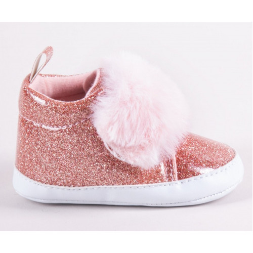 YO! Dojčenské topánky/capáčky lakovky Girl s kožušinou - ružový brokát