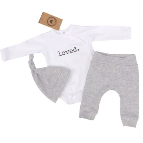 Z & Z 3-dielna súpravička body, tepláčky a čiapočka Loved - bielo/sivá, veľ. 56