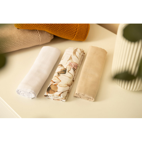 Mušelínové mäkké plienky LUX, 3ks, Kvety, biela/béžová/so vzorom