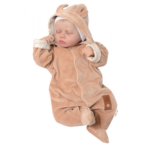Baby Nellys Dvojvrstvový velúrový overal s kapucňou New Bunny, hnedý, veľ. 80