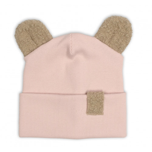 Dvojvrstvová rebrovaná čiapočka s uškami boucle medvedík - ružová, 68/74