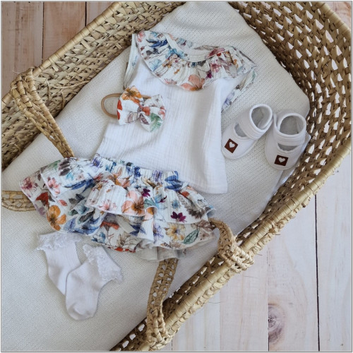 Mušelínové tilko, kraťasy so sukničkou + čelenka, 3D sada, Kvety Z&Z, biela, veľ. 98