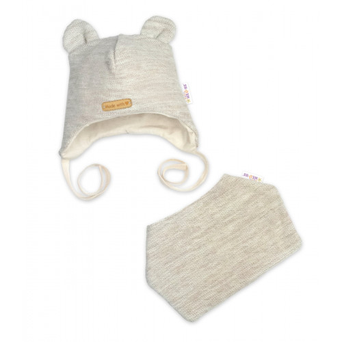 Pletená čiapka s bavlnenou podšívkou a šatkou 2v1, Teddy Hand made - svetlo béžová, 80/86