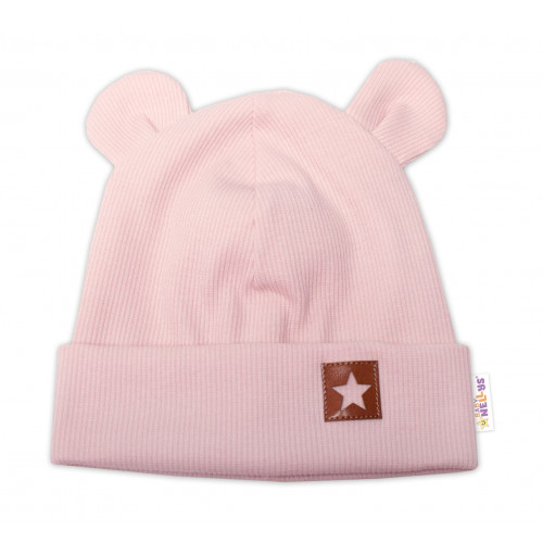 Baby Nellys Rebrovaná dvojvrstvová čiapka s uškami TEDDY - púdrová, veľ. 68/74
