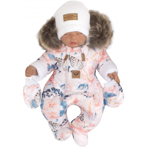 Zimná kombinéza s dvojitým zipsom, kapucňou + rukavičky, Z&Z Angel, ružičky