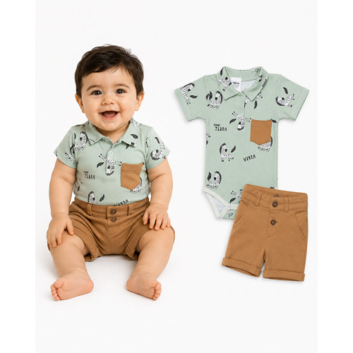 Baby Nellys 2-dielna sada body kr. rukáv, kraťasky, Zebra - mätová, hnedá, veľ. 98