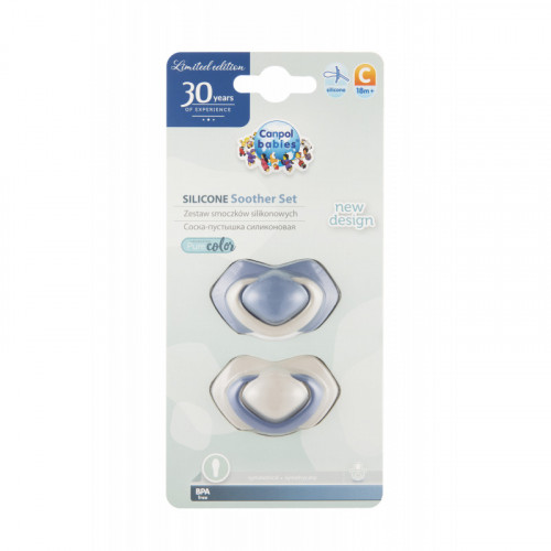 Canpol Babies Sada 2 ks symetrických silikónových cumlíkov, 18m +, PURE COLOR modrý