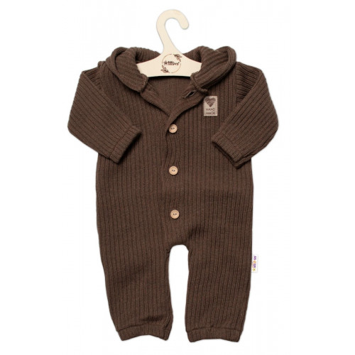 Baby Nellys Pletený overálok s kapucňou a gombíkmi Hand Made, hnedý, veľ. 68/74