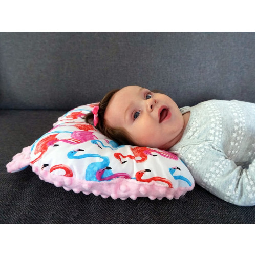 Baby Nellys Obojstranný vankúšik s uškami, 30x35cm - Plameňák, Minky růžová