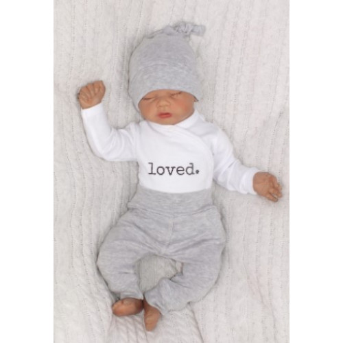 Z & Z 3-dielna súpravička body, tepláčky a čiapočka Loved - bielo/sivá, veľ. 56