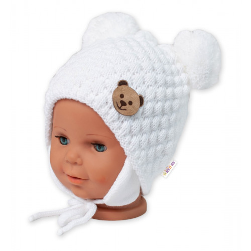 BABY NELLYS Zimná pletená čiapka Teddy Bear na zaväzovanie, biela, smotana, 68/80, (6-12m)