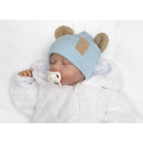 Dvojvrstvová rebrovaná čiapočka s uškami boucle medvedík - modrá, 80/86