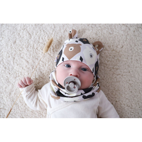 Baby Nellys Dvojvrstvová čiapka s uškami + komínček Medvede, hnedá/smotanová