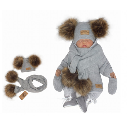 Z & Z Zimná čiapka s brmbolcami z kožušinky s šálou 2V1, sivá, vel. 86