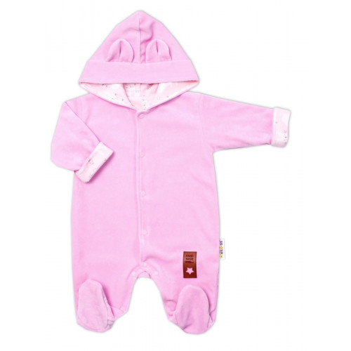 Baby Nellys Dvojvrstvový velúrový overal s kapucňou New Bunny, ružový, veľ. 86