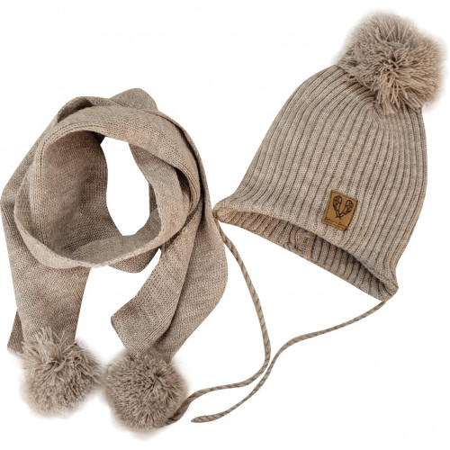 Dvojvrstvová pletená čiapočka na zaväzovanie + šál s brmbolcami, béžový melírok, veľ.80/86