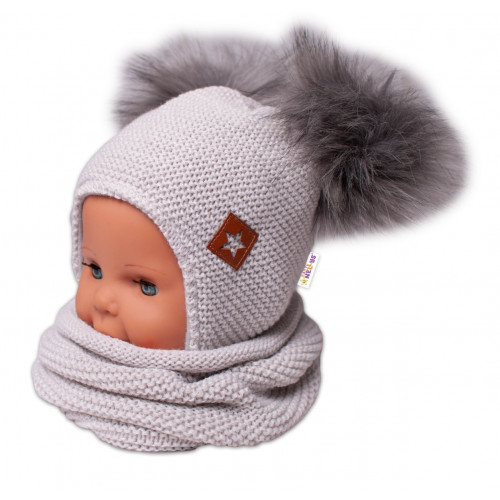 BABY NELLYS Zimná čiapka s fleecom a chlupáčka. bambuľky Star + komínok - sivá, 98/104