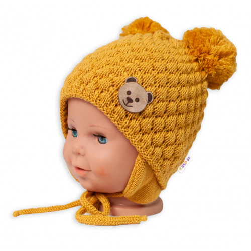 BABY NELLYS Zimná pletená čiapka Teddy Bear na zaväzovanie, horčicová, 68/80, (6-12m)