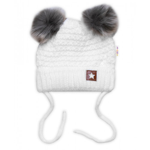 Zimná pletená čiapka Star s fleecom a chlpáčkové brmbolce + komínček 2D sada, biela