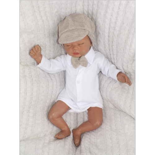 Z&Z 5-dielna pletená sada Boy, body, nohavice, čiapočka motýlik, topánočky, béžová, veľ.62