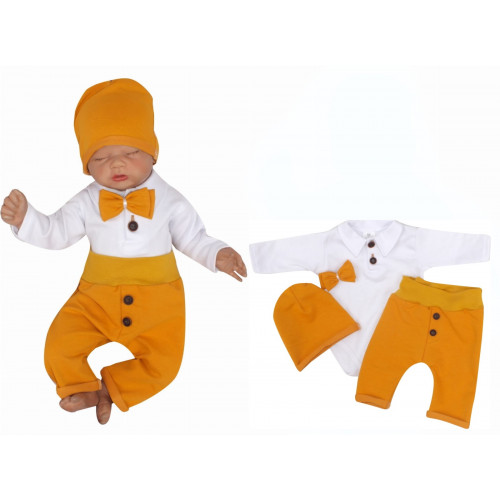 Bavlnená súpravička body, tepláčky, čiapočka a motýlik 4D, Z&Z, biela/horčicová, veľ. 74