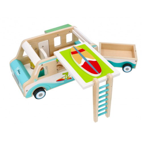 Adam Toys Drevený auto karavan s prívesom a príslušenstvom