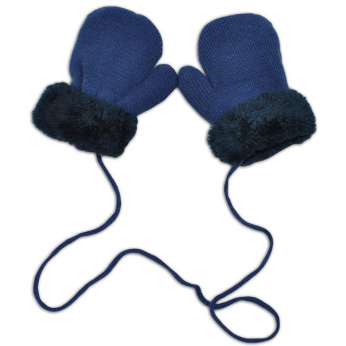 YO! Zimné detské rukavice s kožušinou - šnúrkou YO -jeans/granátová kožušina, 98/104