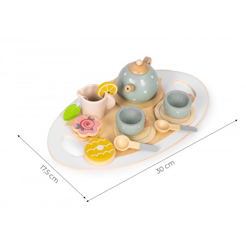 Drevená detská čajová súprava s kanvicou a šálkami, 14 dielov