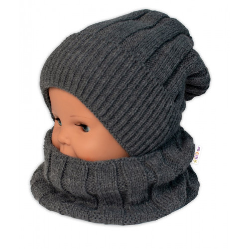 BABY NELLYS Zimná nadčasová čiapka + komín, tm. sivá