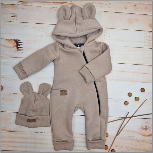 Oteplený detský overal bez šľapiek s kapucní + čiapočka, 2D, Kazum, cappuccino