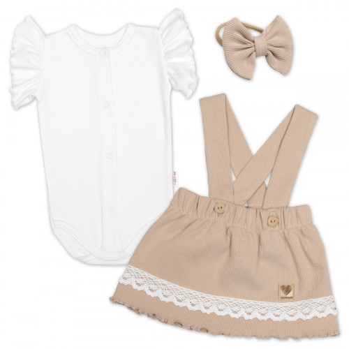 3D súprava LADY, bavlna, body kr. rukáv, suknička s láclom, čelenka, béžová/biela, 62