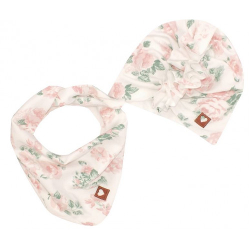 Z&Z Štýlová detská jarná / jesenná bavlnená čiapka, turban s šatkou, kvietky, vel. 68/80