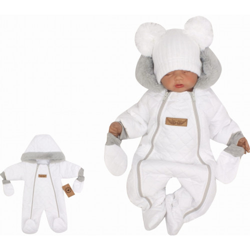 Z&Z Zimná prešívaná kombinéza s kožušinou a kapucňou + rukavičky - biela, vel. 74