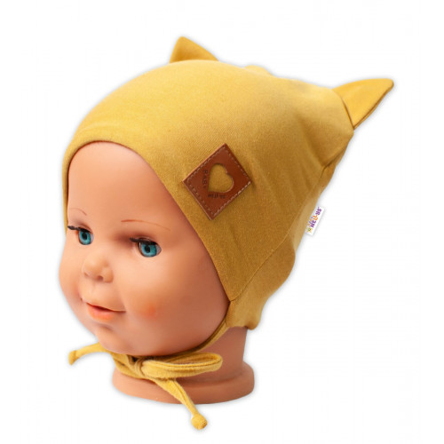Baby Nellys Bavlnená dvojvrstvová čiapka s uškami na zaväzov. FOX- horčicová, veľ. 80/86