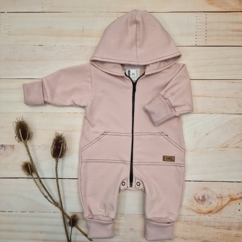 Detský teplákový overal s predĺženými nápletami, púdrovo ružový, veľ. 68