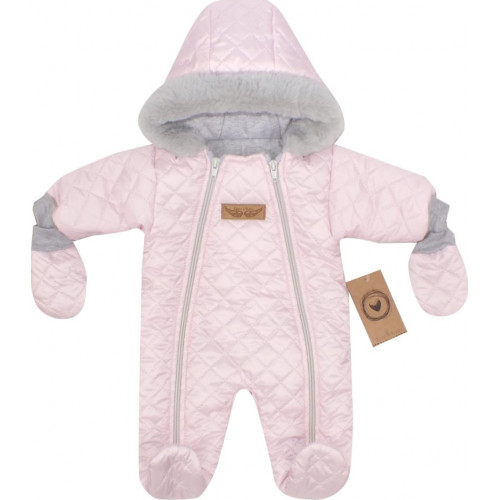 Z&Z Zimná prešívaná kombinéza s kožušinou a kapucňou + rukavičky - sv.ružová, veľ. 68