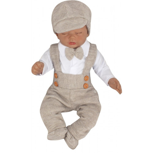 Z&Z 5-dielna pletená sada Boy, body, nohavice, čiapočka motýlik, topánočky, béžová, veľ.68
