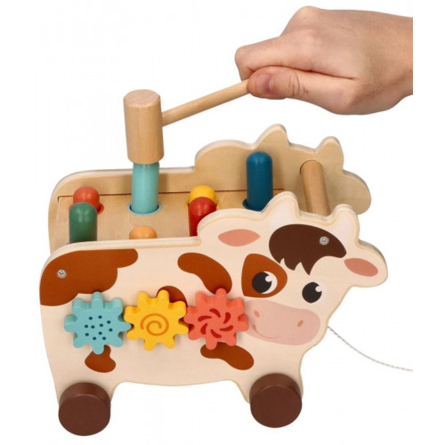 Montessori hračka - aktívna edukačná drevená, ťahacia Kravička, prírodná