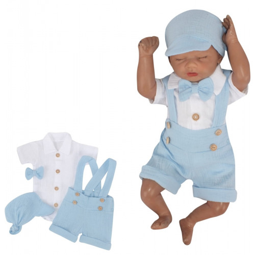 Mušelínové kraťasy s láclom, bodýčko, čiapočka, motýlik 4D sada, Z&Z, modrá/biela, veľ. 62