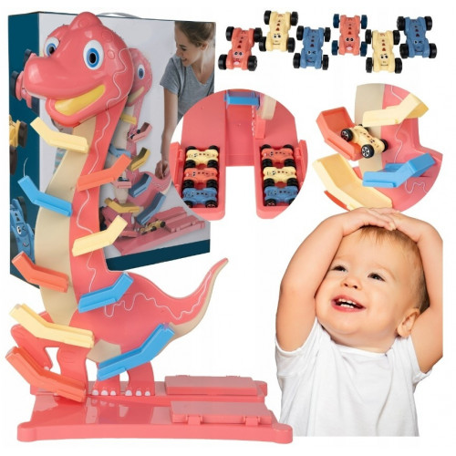 Veselá hrajúca autodráha/šmykľavka Dino Tulimi + 6 autíčok, oranžová