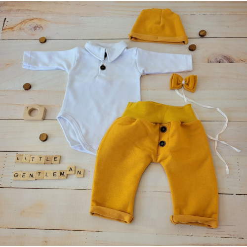 Bavlnená súpravička body, tepláčky, čiapočka a motýlik 4D, Z&Z, biela/horčicová, veľ. 68