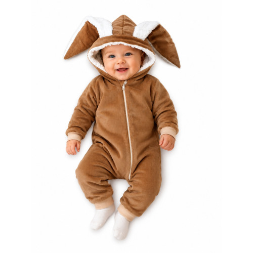 Baby Nellys Menčestrová kombinézka /overal s kožušinkou Cute Bunny - hnedá, veľ. 68/74
