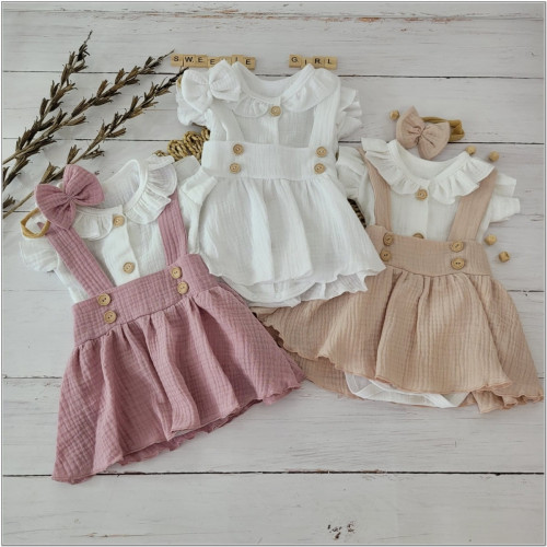 Mušelínová suknička s lacnom, bodýčko a čelenka, 3D sada, biela/biela