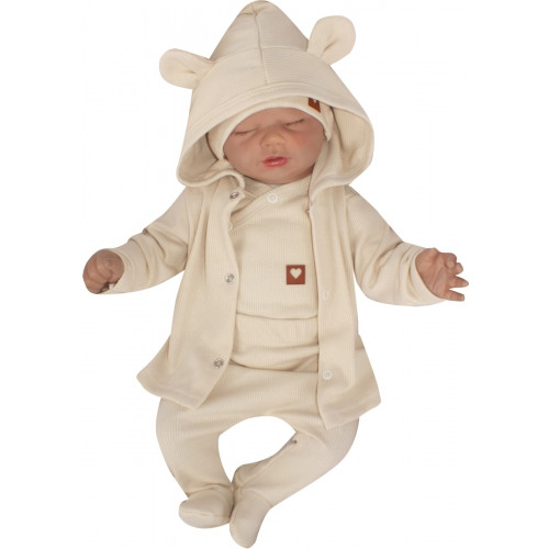 Sada do pôrodnice 4D, rebrovaná, body, polodupačky, kabátik a čiapočka, ecru, veľ. 62