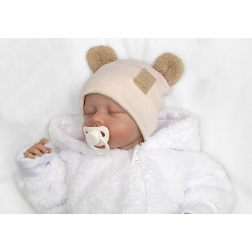 Dvojvrstvová rebrovaná čiapočka s uškami boucle medvedík - béžová