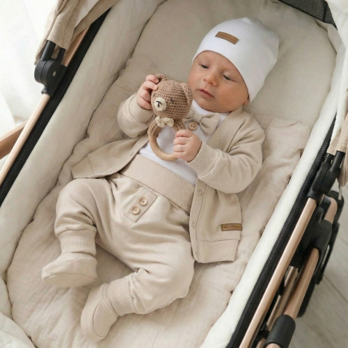 Bavlnená sada, body, nohavice, motýlik a čiapka Elegant Boy 5D, béžová/biela, veľ. 74