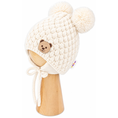 Zimná pletená čiapka Teddy Bear na zaväzovanie, ecru