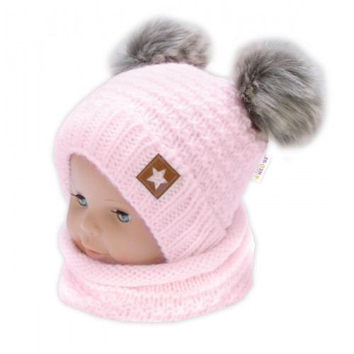 Zimná pletená čiapka Star s fleecom a chlpáčkové brmbolce + komínček 2D sada, ružová