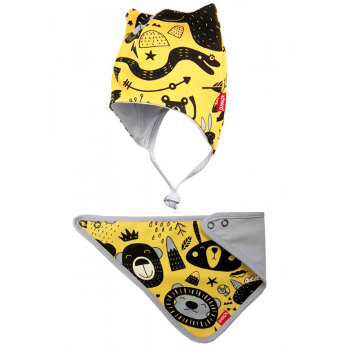 Čiapka dvojvrstvová na zaväzovanie + šatka, Zvieratká, Bexa - horčicová, veľ. 80/86