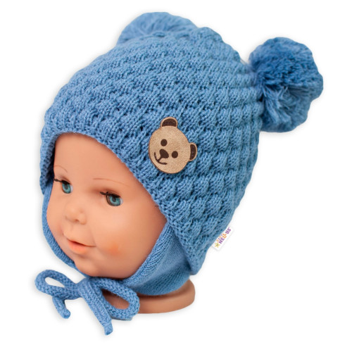 Zimná pletená čiapka Teddy Bear na zaväzovanie, modrá